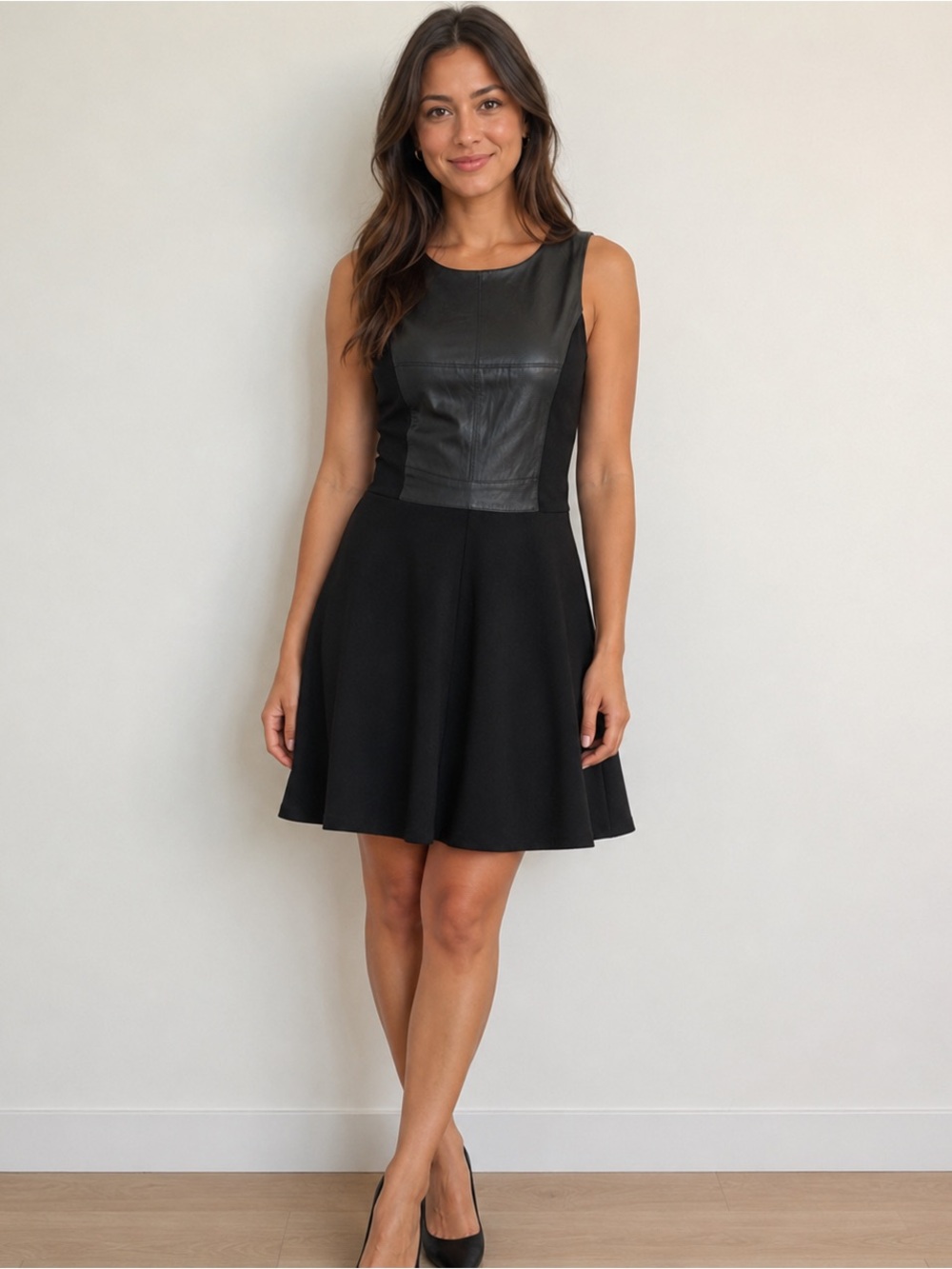 Excellent Condition Danier Leather Black Midi Dress with Genuine Leather Bodice
